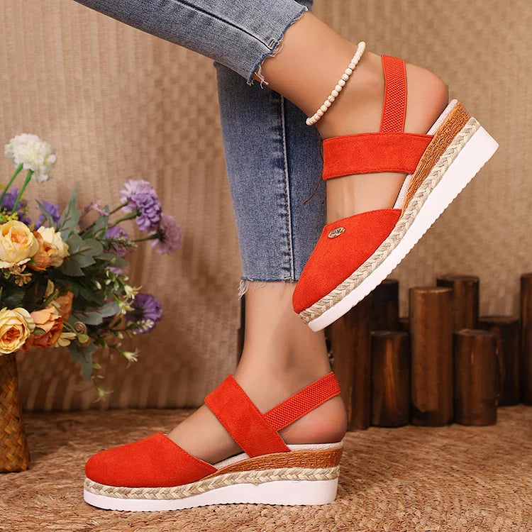 Metal Decor Slingback Strap Closed Toe Plain Espadrille Wedge Sandals