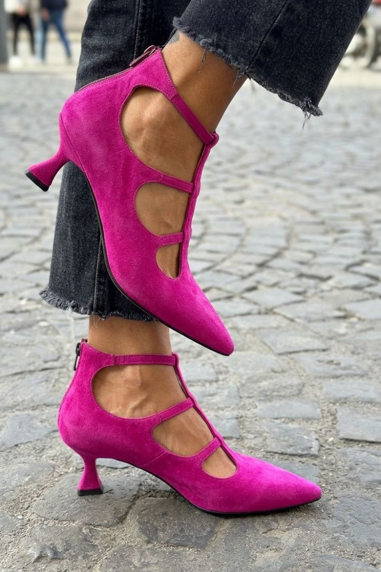 Hollow Out Ankle Strap Zip Pointed Toe Purple Kitten Heels