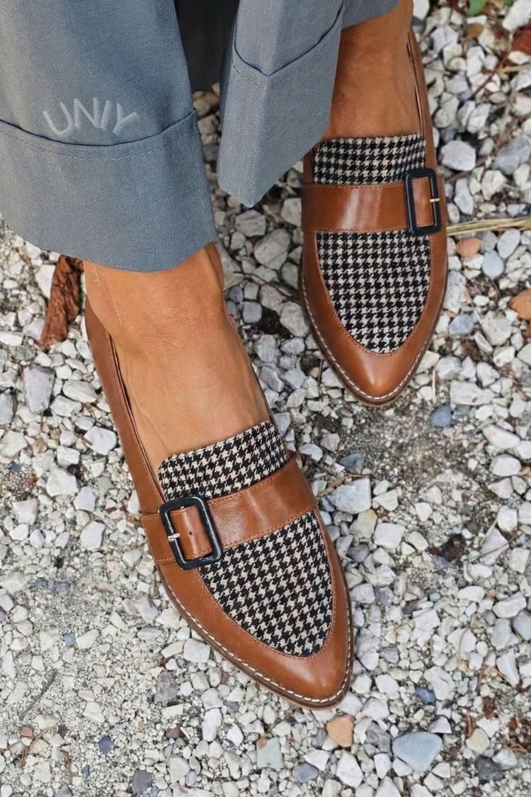 Mocassins Flats Chic com Patchwork Pied-de-Poule e Detalhe de Fivela [Pré-venda]