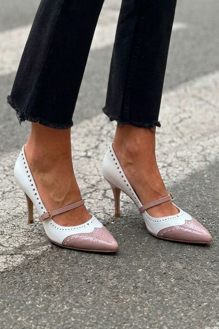 Chic White Pink Brogue Mary Jane Pointed Toe Stiletto Heels [Pre Order]