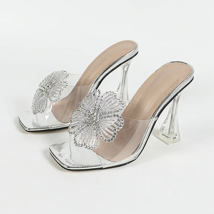 Colorblock Rhinestone Flower Decor Square Toe Sandal Heels