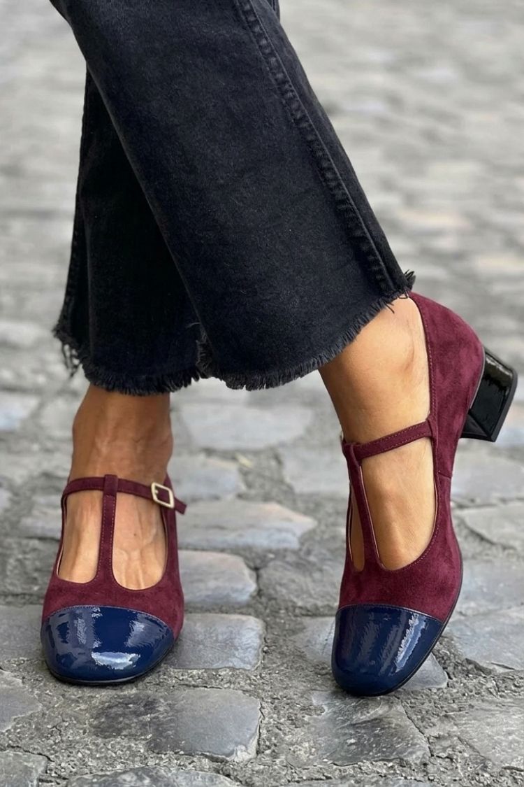 Colorblock T-Strap Buckle Round Toe Purple Chunky Heels