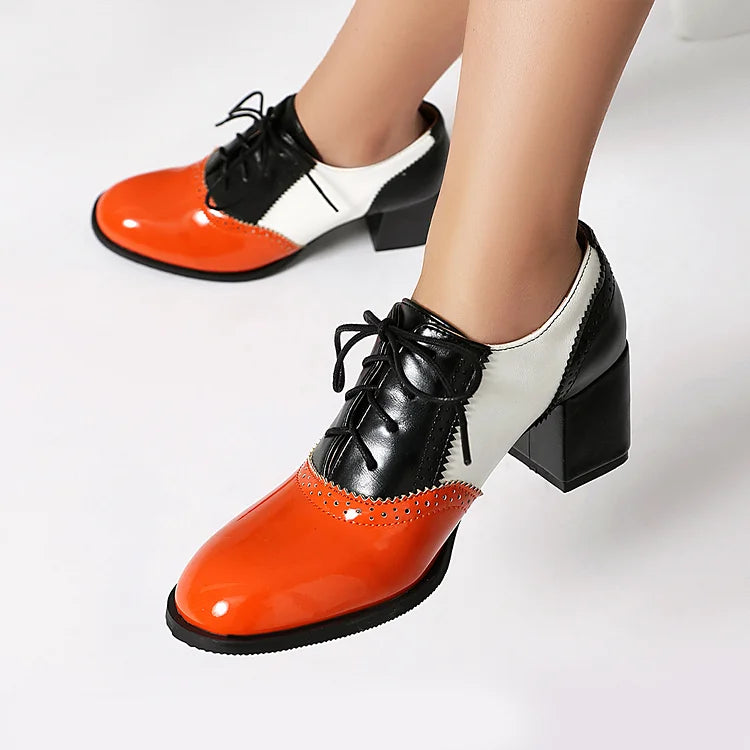 Lace Up Colorblock Round Toe Chunky Heel Brogue Oxfords