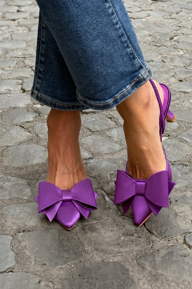 Satin Bow Pointed Toe Slingback Purple Kitten Heels [Pre Order]