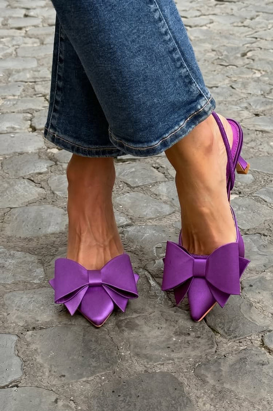 Satin Bow Pointed Toe Slingback Purple Kitten Heels [Pre Order]