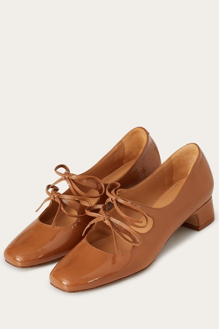 Tan Patent Leather Bow Detailed Chunky Heels [Pre Order]