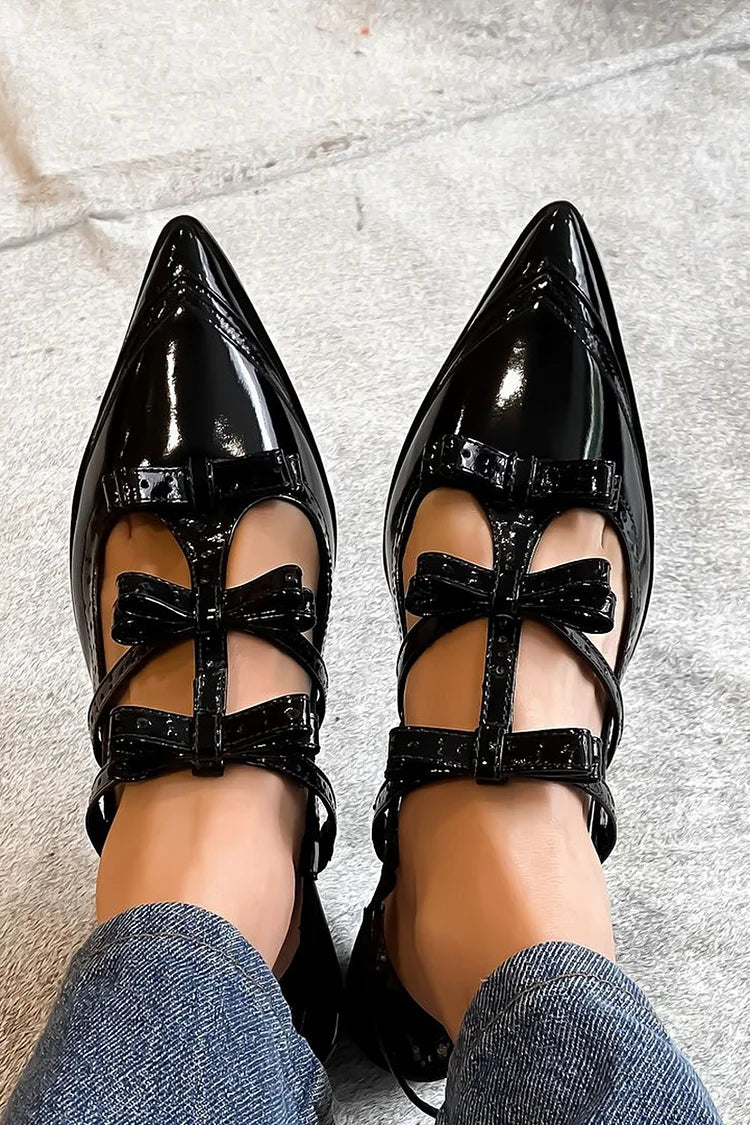 Bow Decor Pointed Toe Slingback Black Chunky Heels [Pre Order]