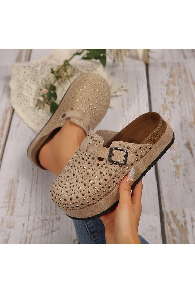 Pantofole casual con punta rotonda, fibbia e cinturino decorati con perforazione a caldo 