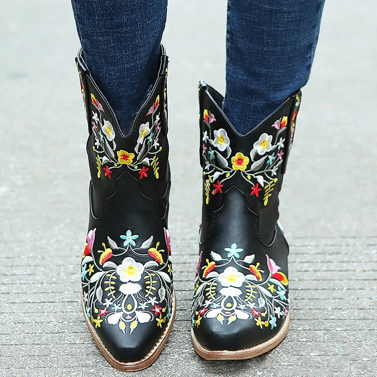 Floral Embroidery Pointed Toe Patchwork Chunky Heel Cowgirl Boots