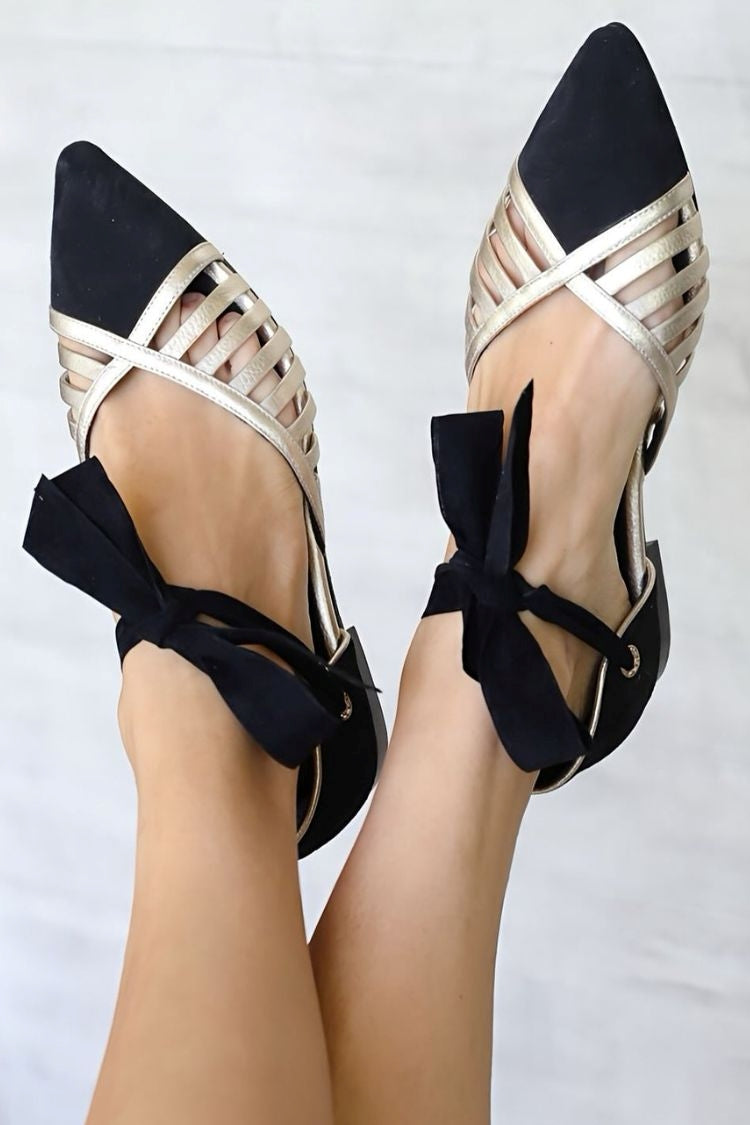 Versatile Colorblock Patchwork Pointed Toe Cutout Bow Tie Flats [Pre Order]