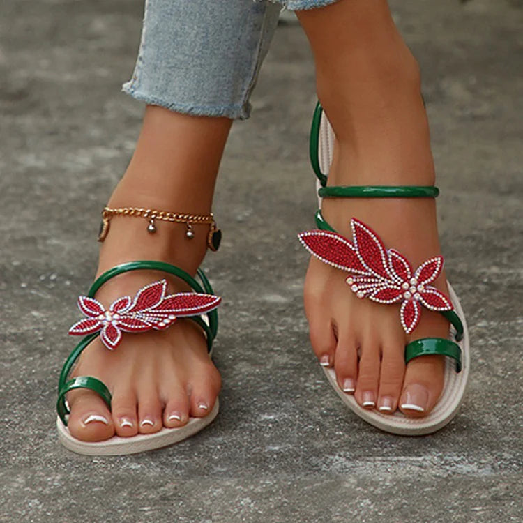 Pierścionek na palec z dekoracją z kryształków w kształcie kwiatu, casualowe sandały plażowe