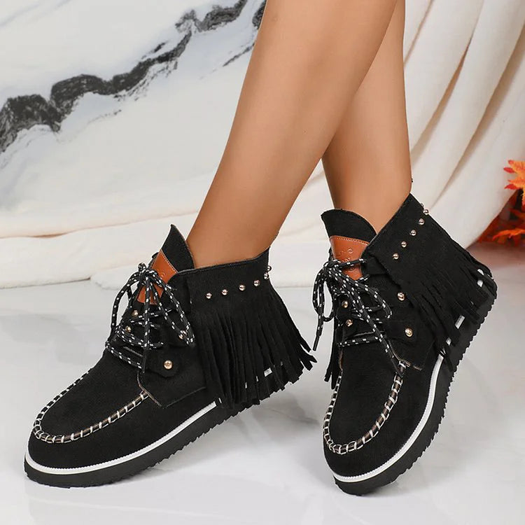 Fringed Trim Metal Rivets Stitch Detail Round Toe Lace Up Ankle Boots