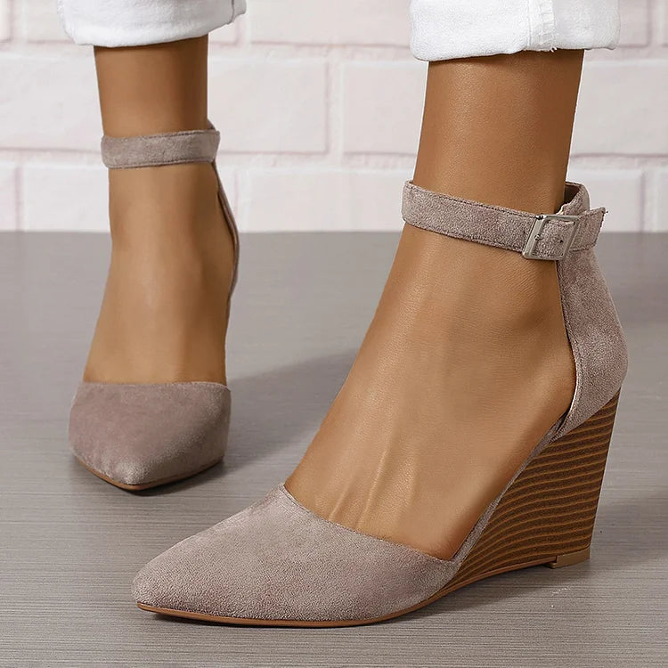 Pointy Toe Ankle Strap Buckle Solid Color Wedge Heels