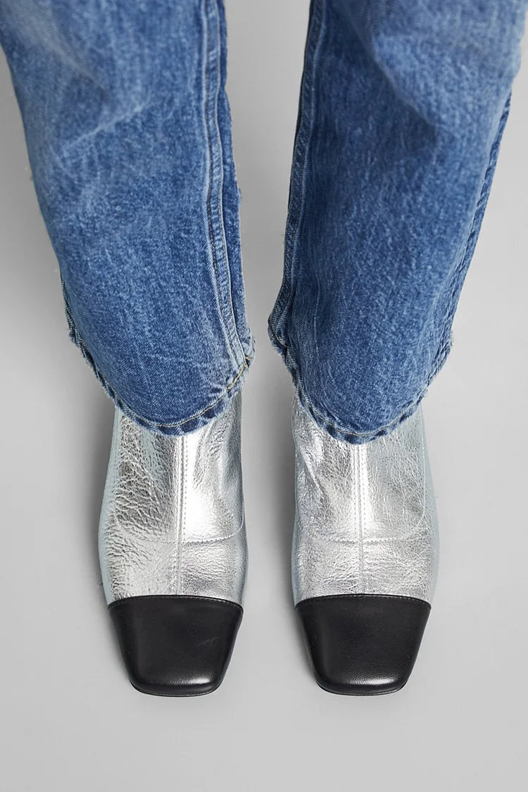 Stivaletti alla caviglia color block con punta quadrata e finitura metallizzata [Pre-ordine]