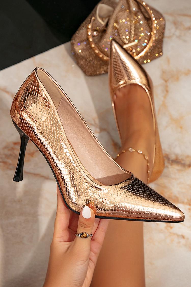 Eleganti scarpe con tacco a spillo a punta, effetto metallizzato lucido e stampa serpente