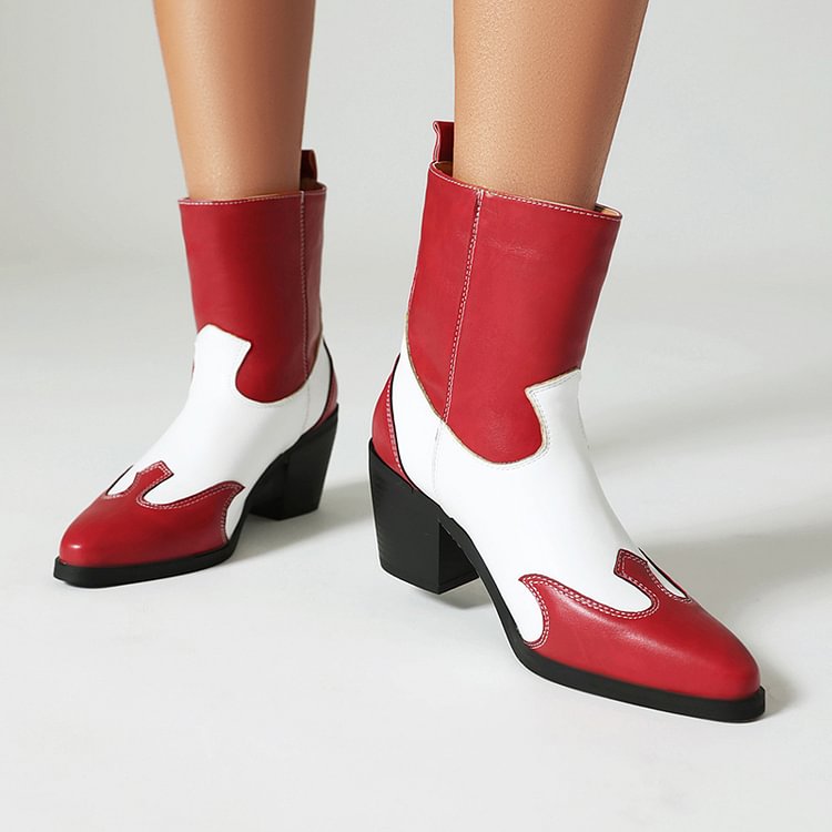 Colorblock-Stiefeletten mit spitzer Zehenpartie und Patchwork-Design mit klobigem Absatz