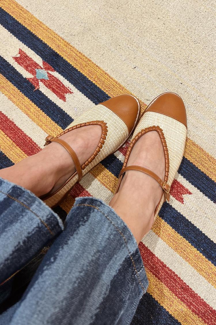 Instep Strap Buckle Patchwork Round Toe Khaki Flats [Pre Order]