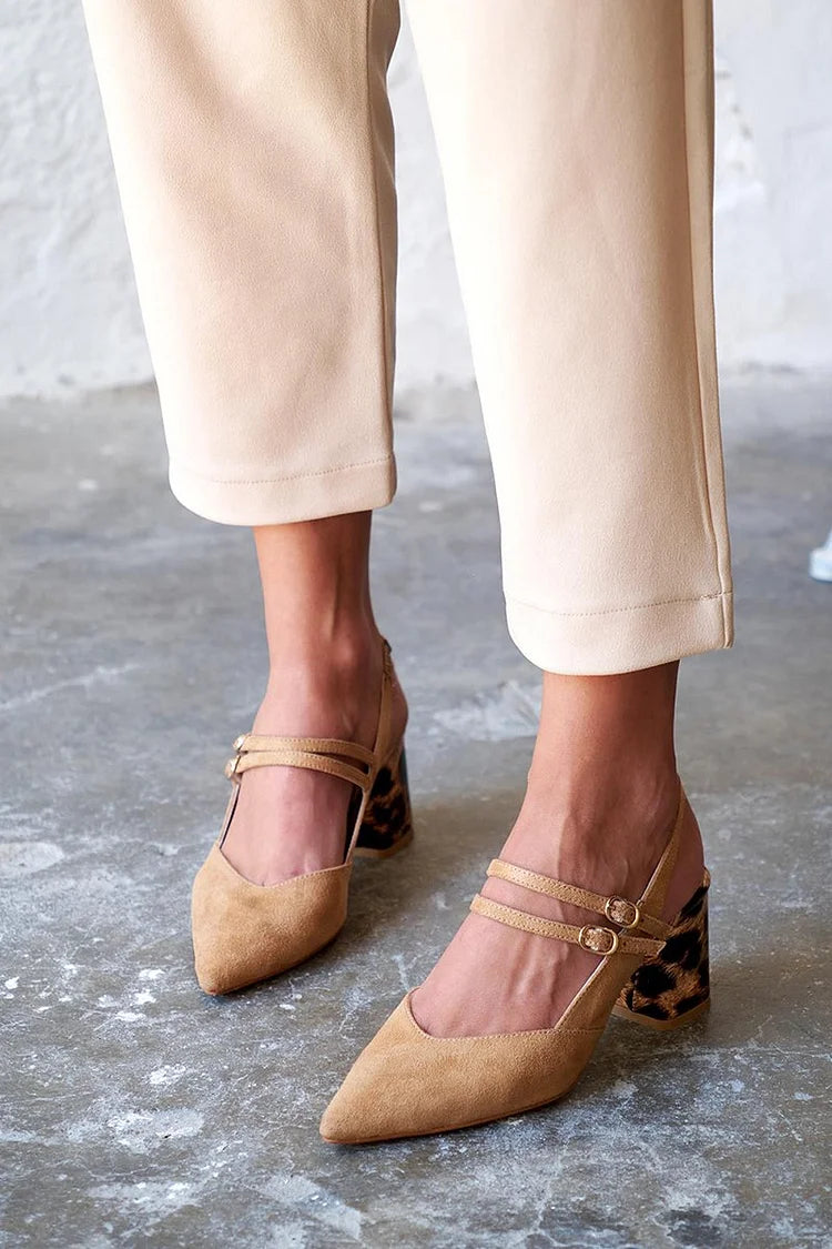 Two Chunky Buckles Pointy Toe Slingback Khaki Straps Heels [Pre Order]