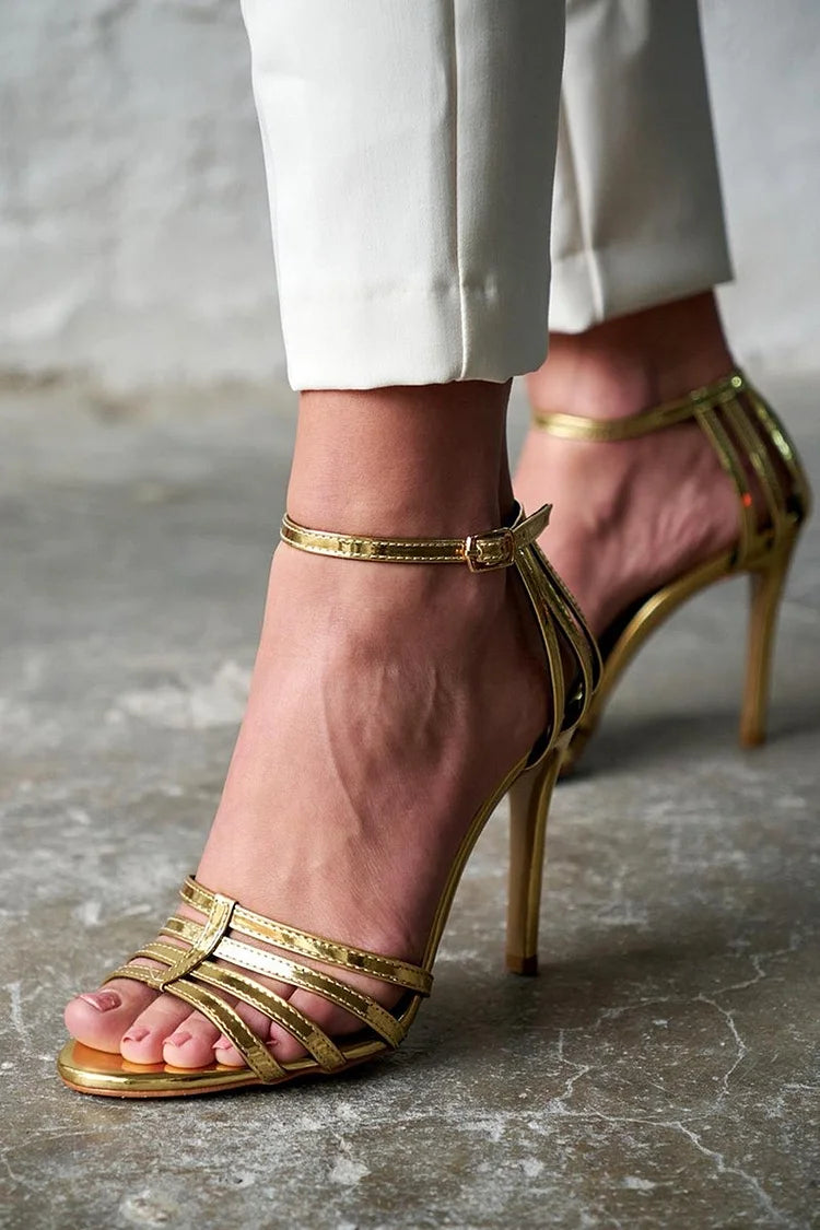 Charming Ankle Buckle Strap Open Toe Hollow Out Gold Stiletto Heels [Pre Order]