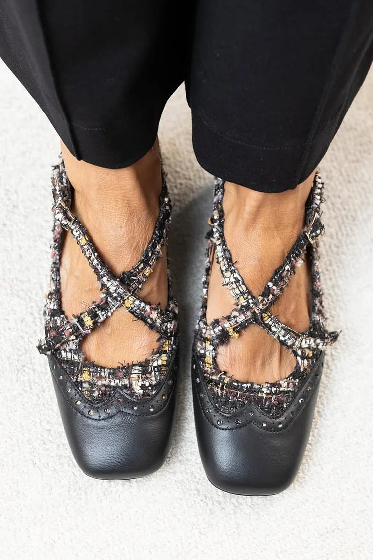 Cross Strap Buckle Patchwork Square Toe Black Chunky Heels [Pre Order]