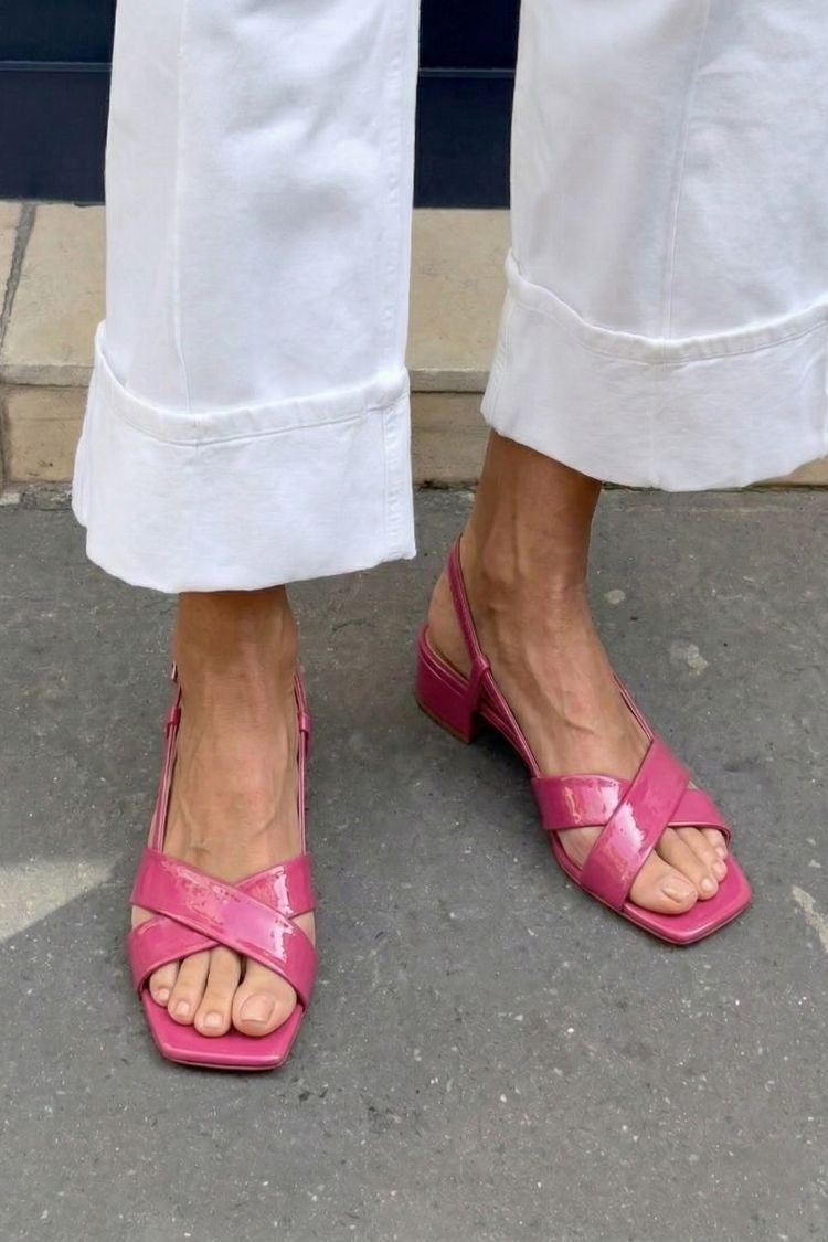 Magenta Square Toe Cross Strap Block Heel Slingback Sandals [Pre Order]