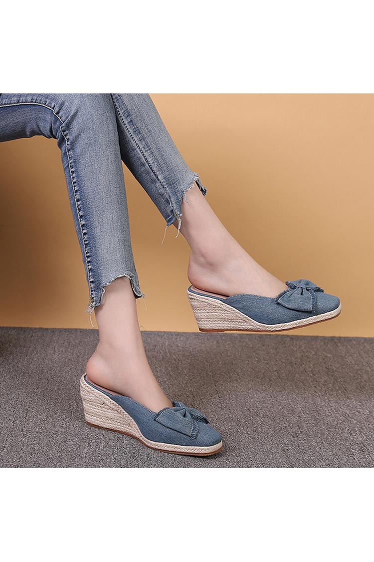 Raw Edge Bow Decor Solid Color Square Toe Casual Wedge Heels