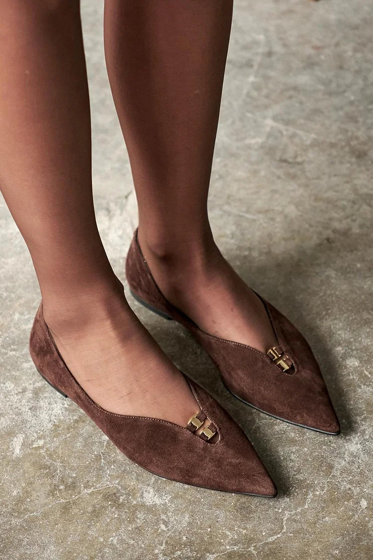 Pointed Toe Metal Buckle Decor Dark Brown Flats [Pre Order]