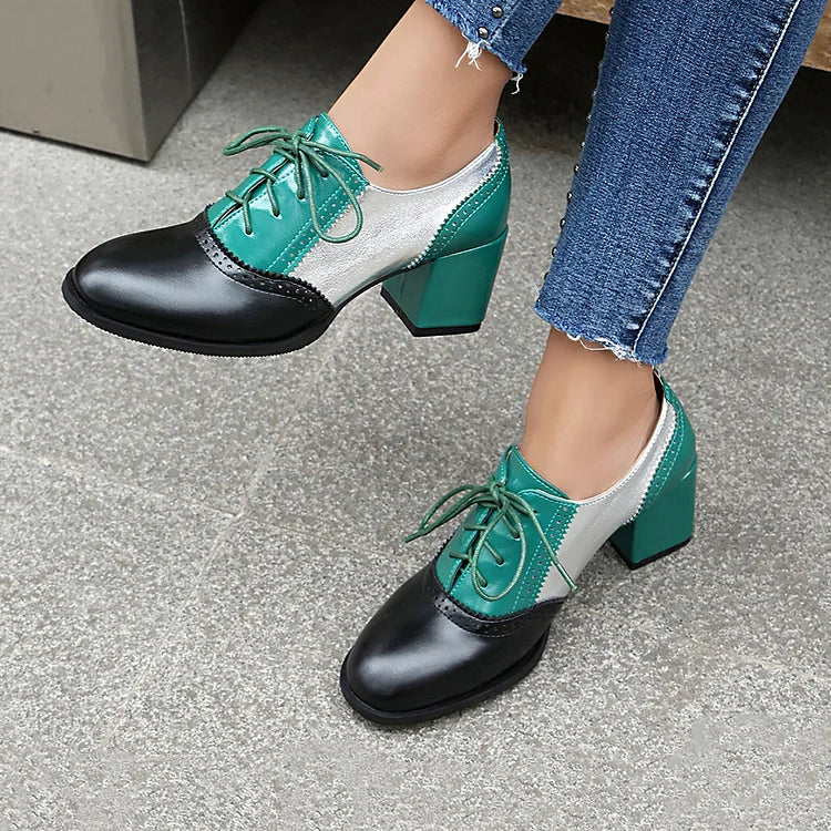 Lace Up Colorblock Round Toe Chunky Heel Brogue Oxfords