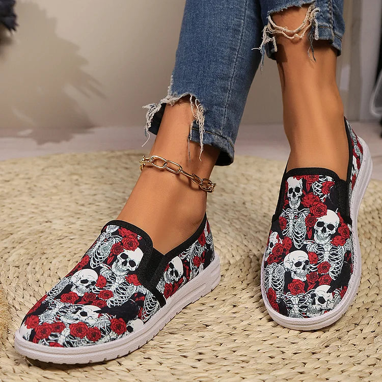 Halloween Skull Rose Peacock Feather Graffiti Print Slip On Round Toe Loafers