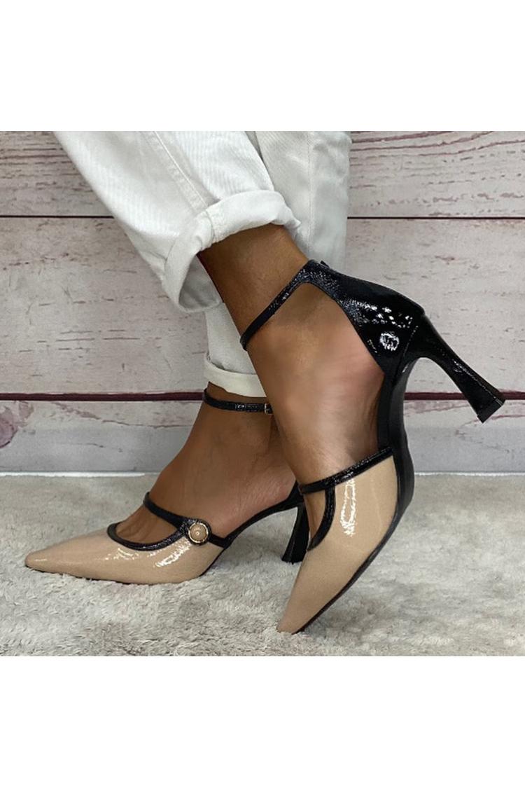 Ankle Strap Buckle Colorblock Pointed Toe Beige Stiletto Heels [Pre Order]