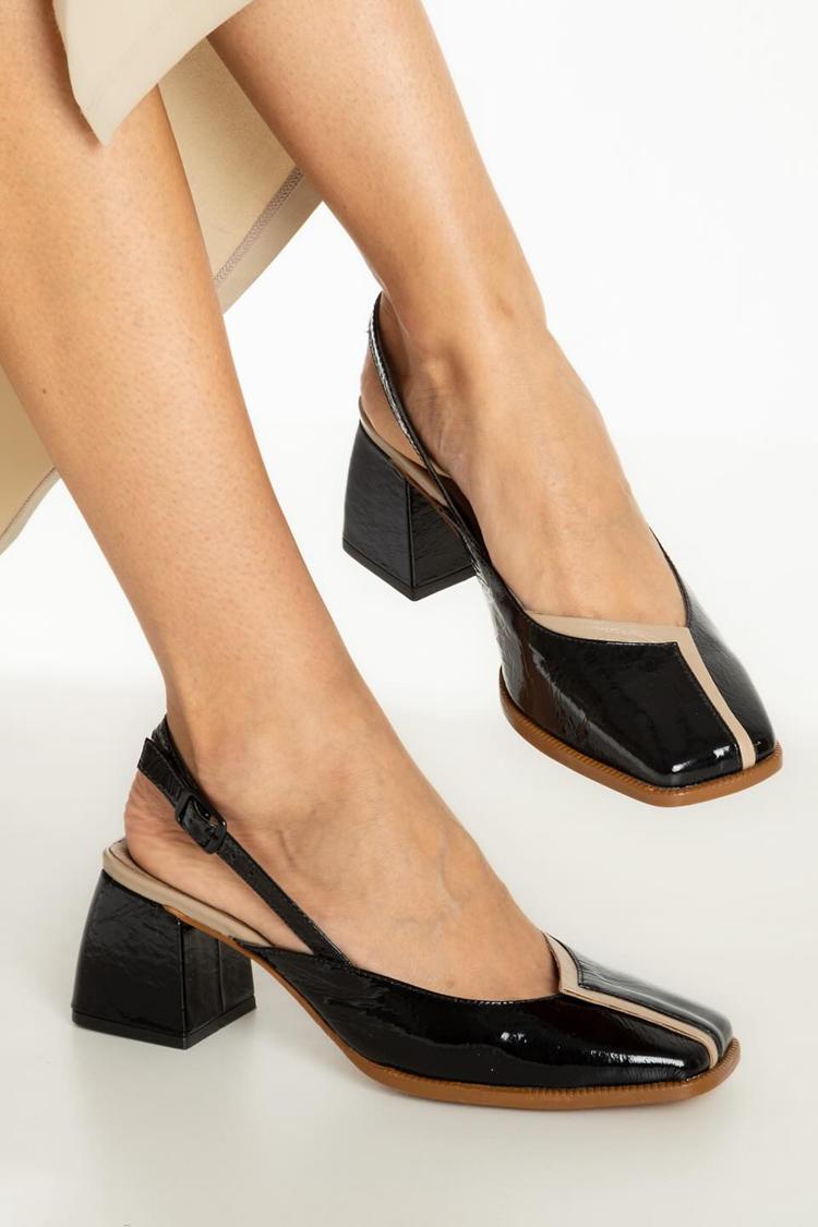 Scarpe con tacco grosso nere con cinturino posteriore e punta quadrata patchwork [Pre-ordine] 