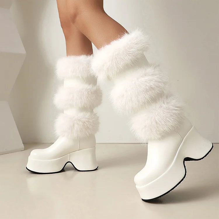 Solid Color Fluffy Trim Round Toe Chunky Heel Platform Mid Calf Boots