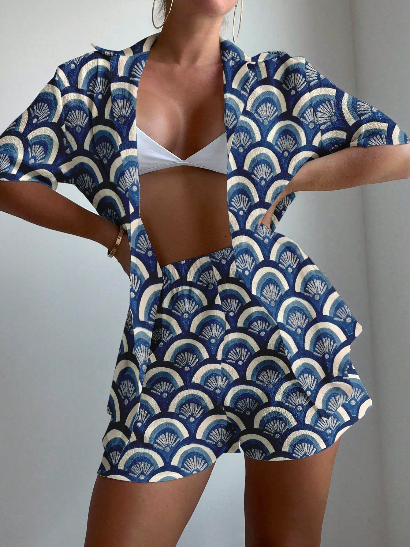 Artistic fan-shaped print two-piece set