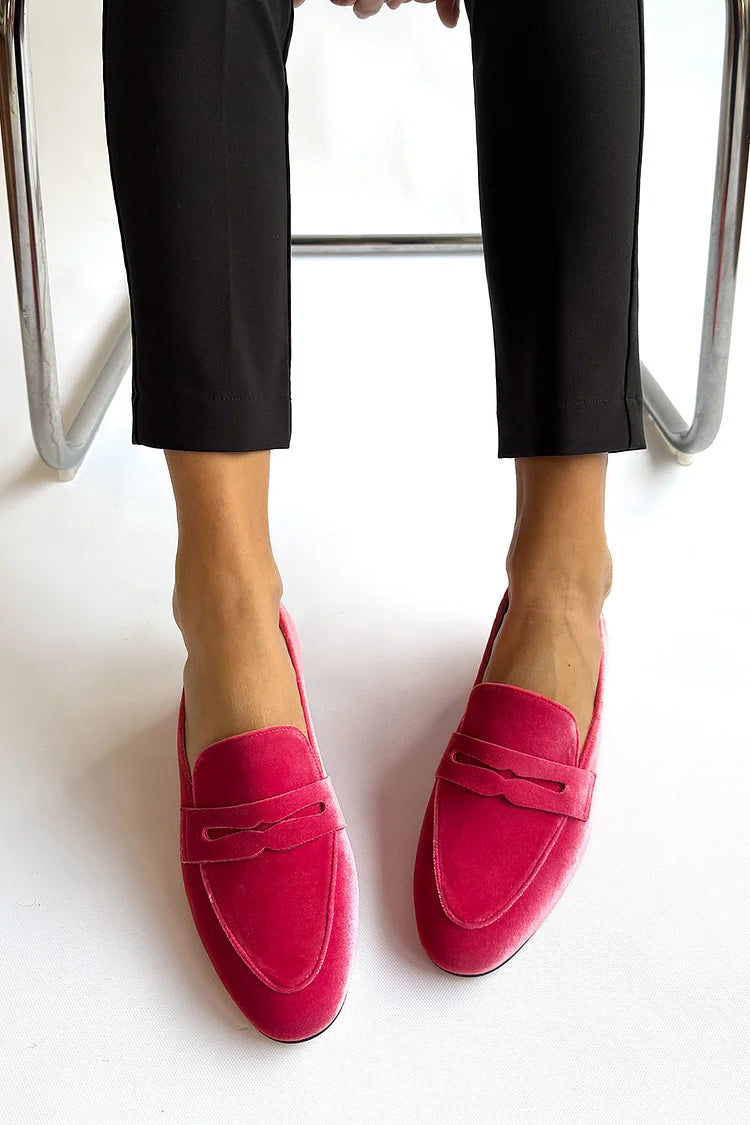 Solid Color Patchwork Round Toe Fuchsia Loafers [Pre Order]
