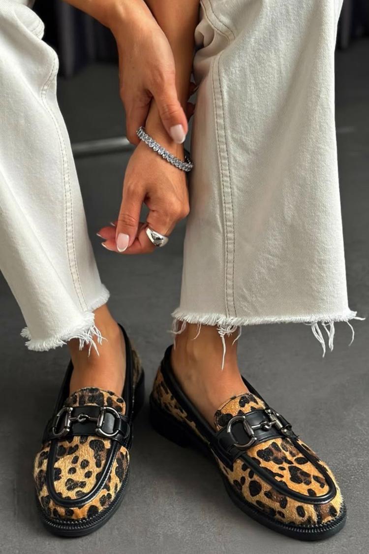 Metall Schnalle Patchwork Leopardenmuster Rund Zehen Slipper [Vorbestellung]