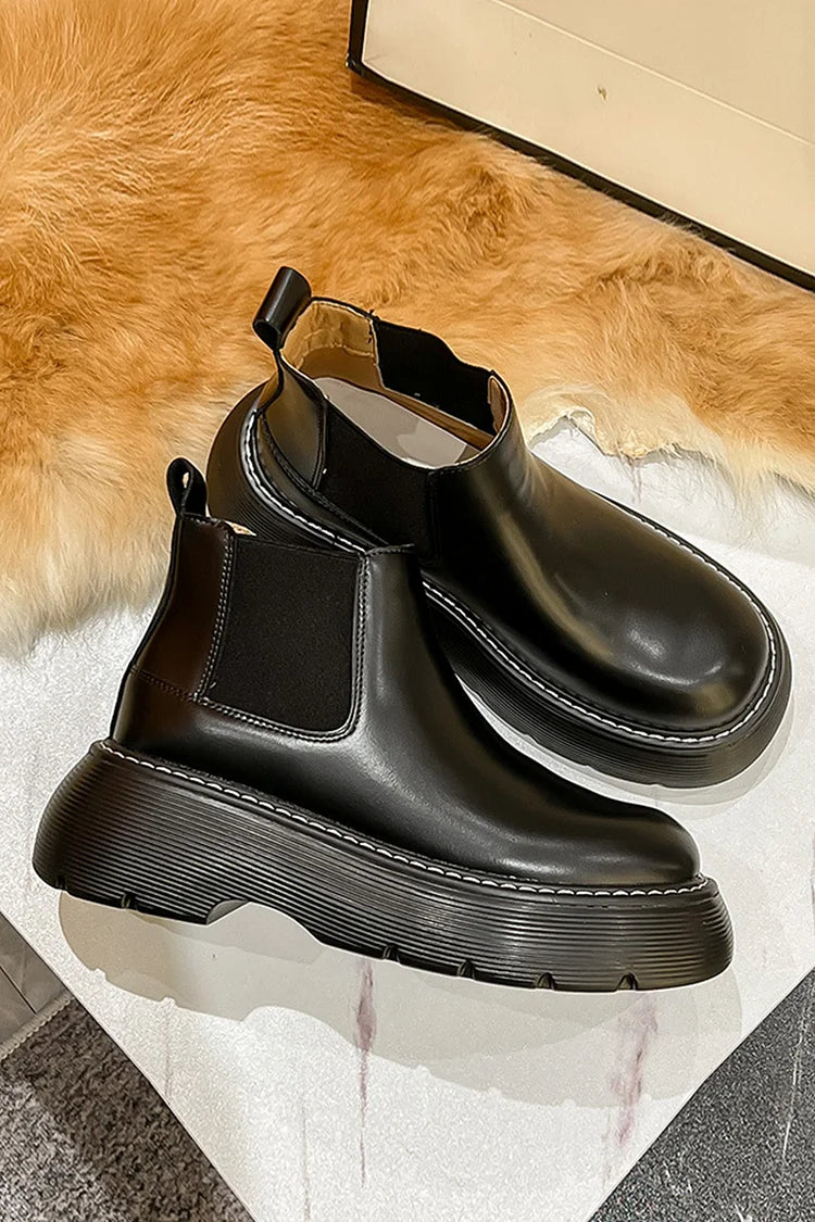 Round Toe Solid Color Patchwork Low Platform Ankle Boots