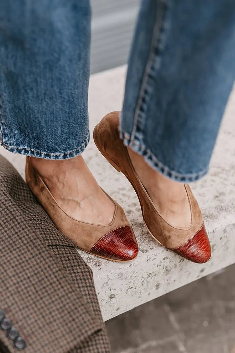 Patchwork Pointed Toe Casual Slip On Brown Flats [Pre Order]