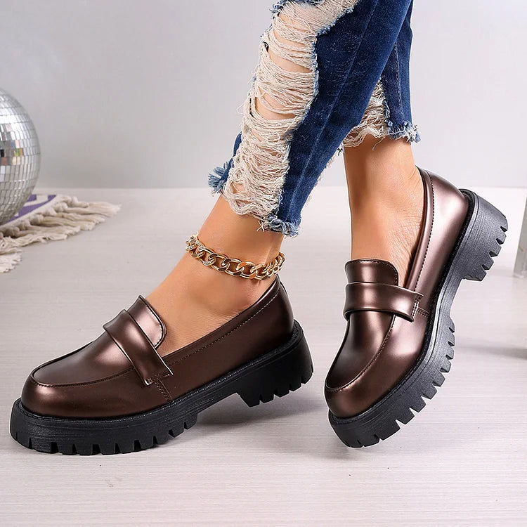 Patchwork Round Toe Chunky Heel Casual Loafers