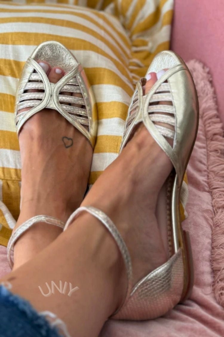 Gold Cutout Strappy Ankle Strap Peep Toe Flats [Pre Order]