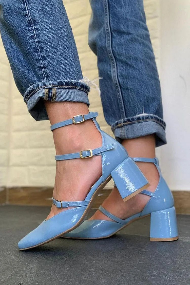 Square Toe Plain Multi Straps Buckles Blue Chunky Heels