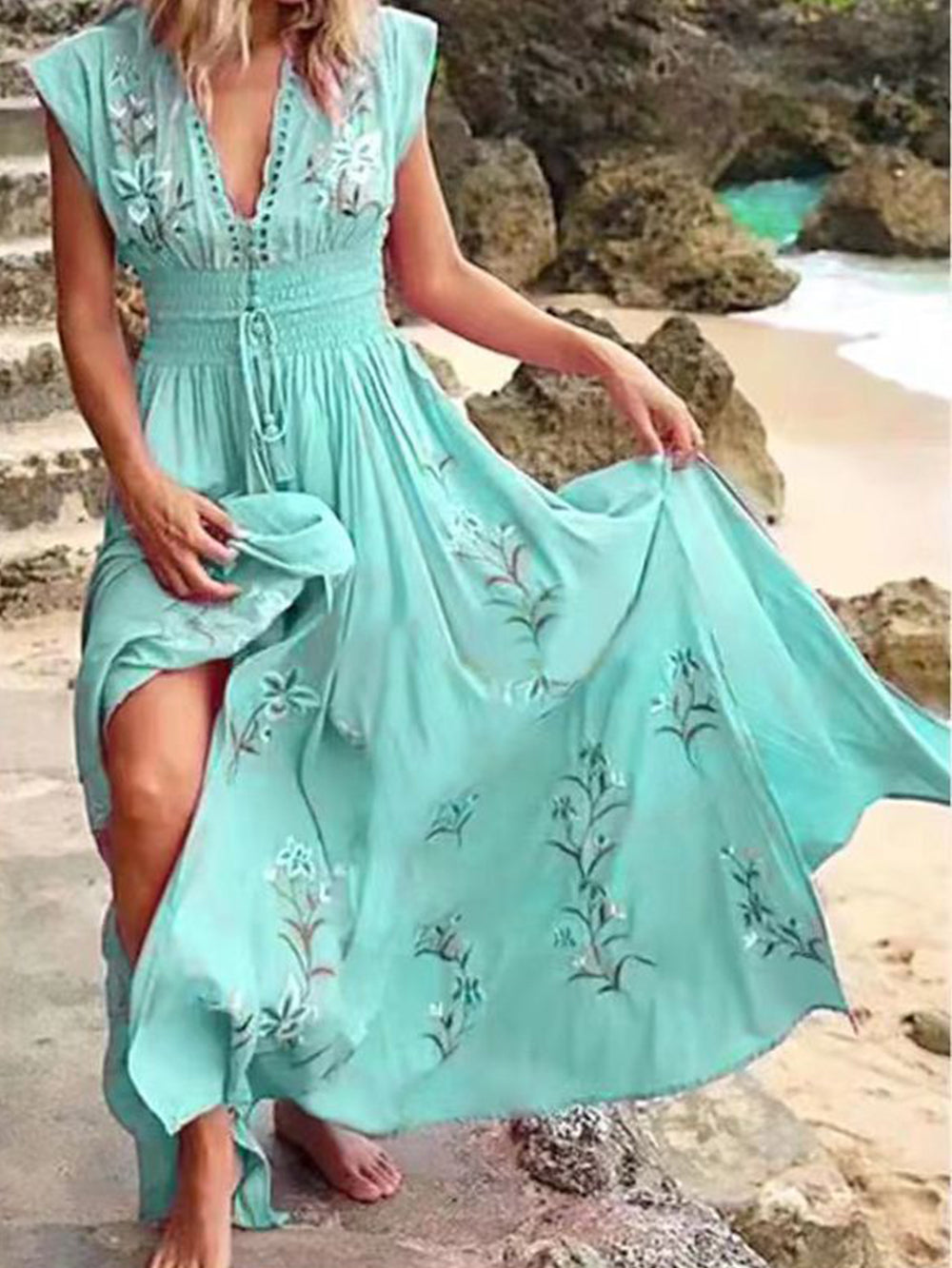 Abito con stampa Boho da spiaggia francese con scollo a V