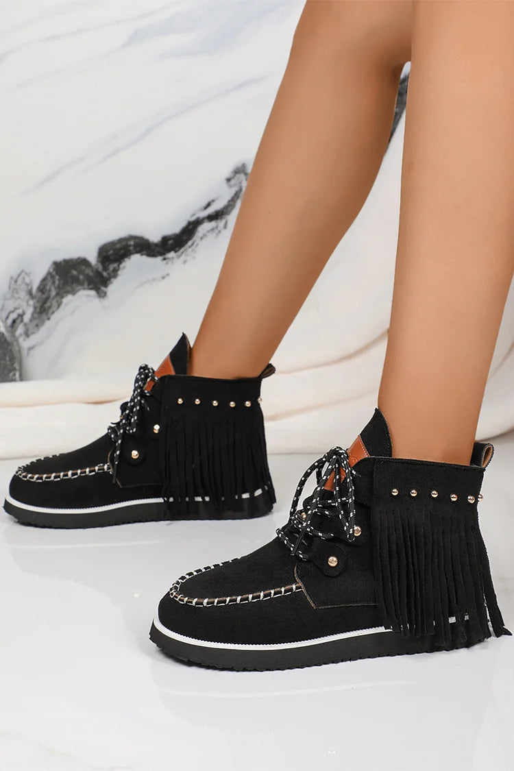 Fringed Trim Metallic Studded Round Toe Lace Up Ankle Boots