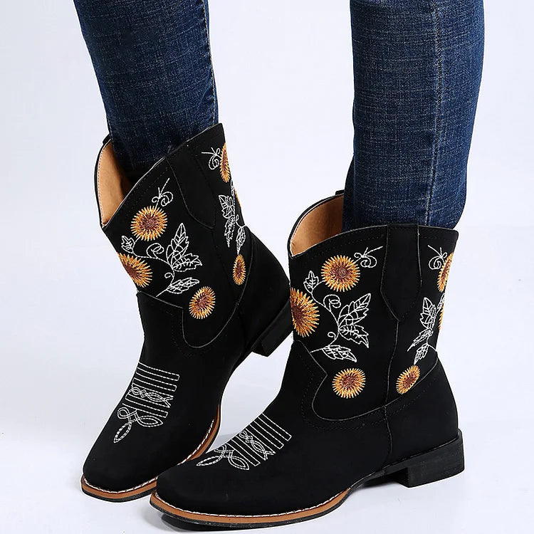 Sunflower Embroidery Stitch Detail Square Toe Cowgirl Boots