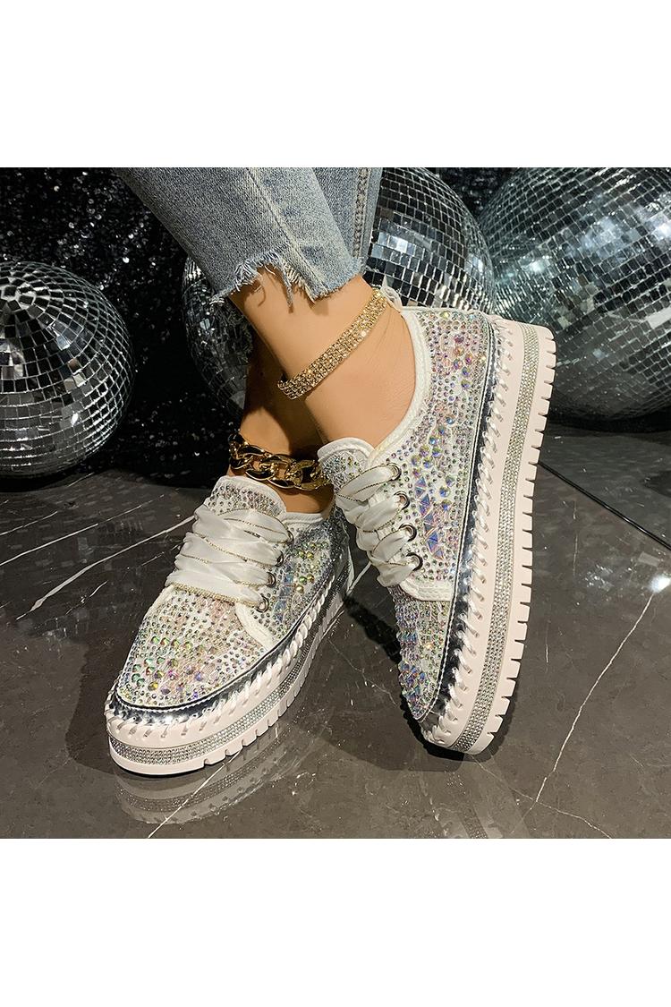 Sneakers casual con plateau e lacci, punta rotonda, decorazioni geometriche in strass 