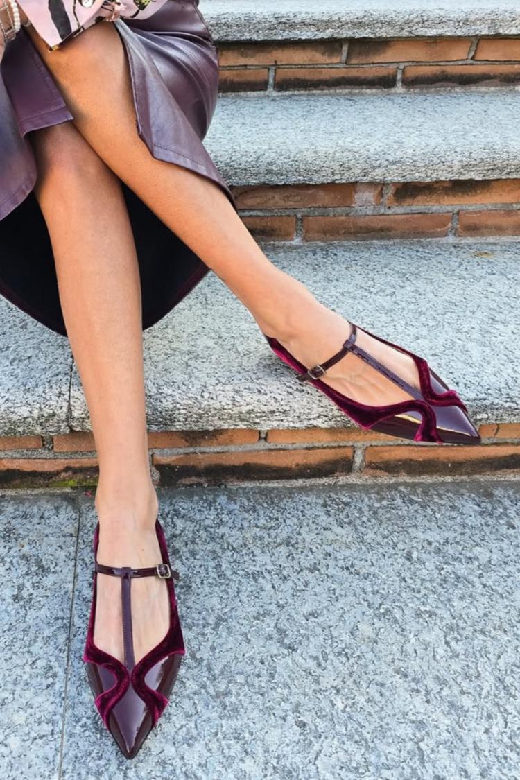 Samt Patchwork T-Riemen Schnalle Spitz Zehen Burgunder Flache Schuhe [Vorbestellung]