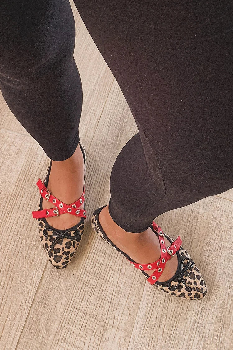 Leopard Print Pointed Toe Cross Straps Buckles Flats [Pre Order]