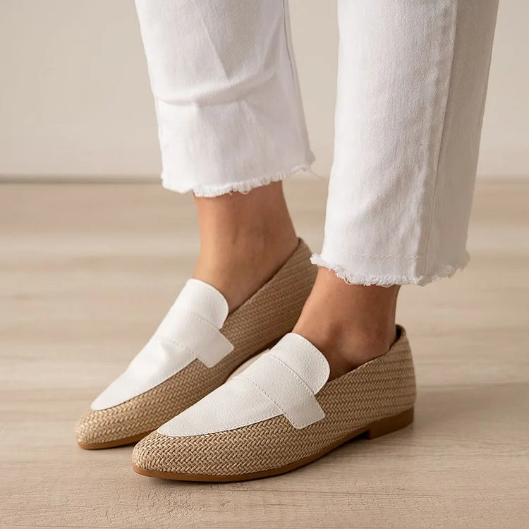 Colorblock Woven Textured Pointed Toe Khaki Loafers [Pre Order]