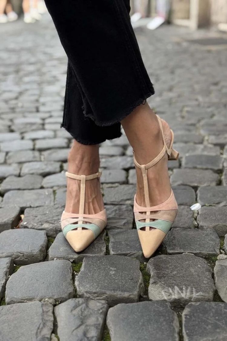 Zapatos de Tacón Bajo con Correa en T y Punta Fina de Ante Tricolor en Tonos Pastel Chic [Reserva]
