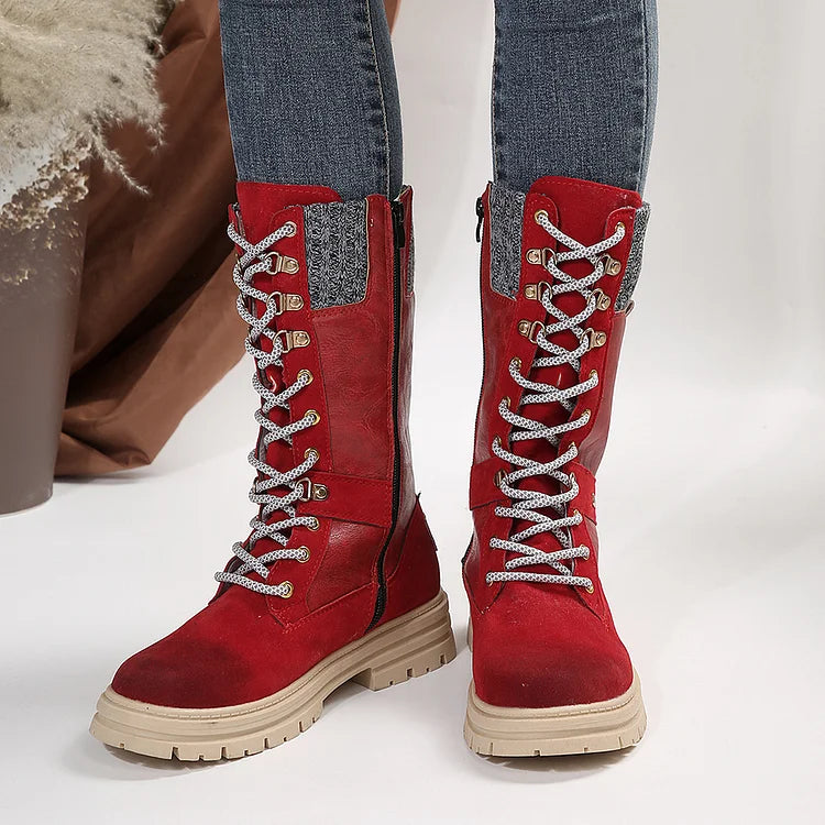 Patchwork Round Toe Low Block Heel Lace Up Mid Calf Boots