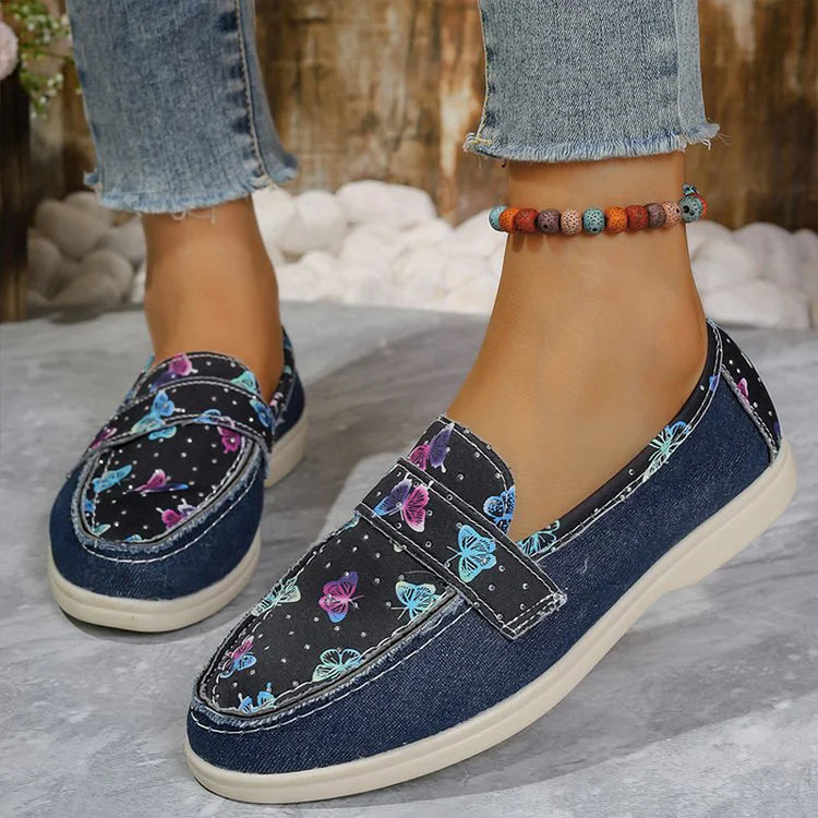 Butterfly Print Patchwork Round Toe Casual Loafers